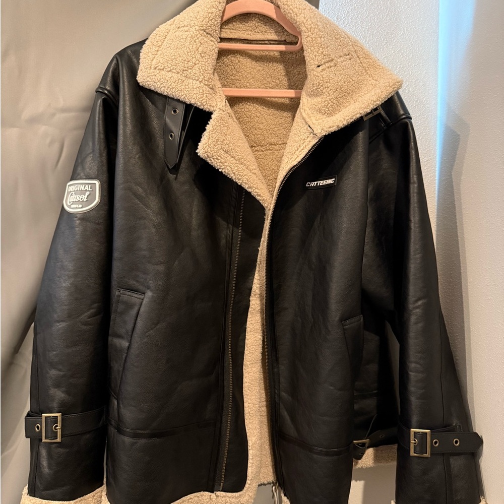 NWT Aelfric Eden Black Bomber Jacket with Cream Sherpa